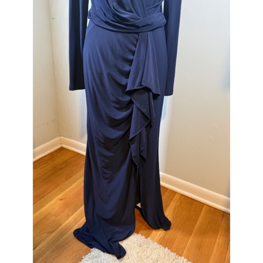 Betsy Adam Navy Faux Wrap Ruffle Formal Gown Size 8 Long Sleeve Floor - Picture 4 of 8